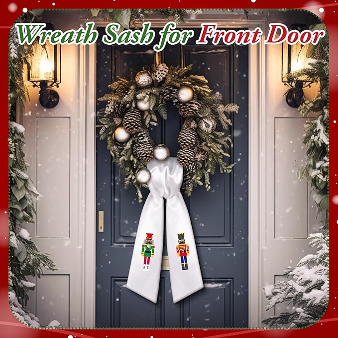 Wreath Sash for Front Door Wreath Satin Sash Blank Sashes Embroidery Monogram Yard Doorway Indoor Outdoor Wall Ribbon Bow Home Decor(White,African American Nutcracker)