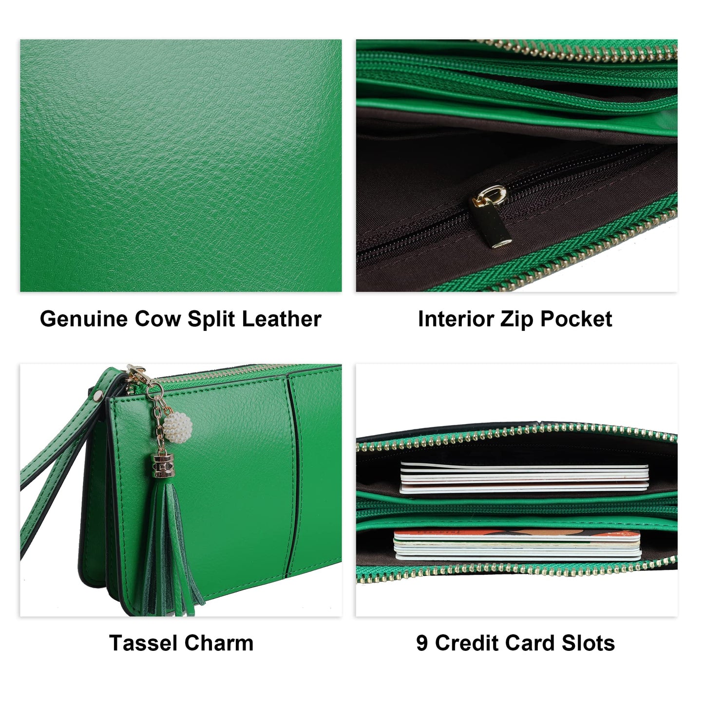befen Genuine Leather Wristlet Clutch for Women Ultra-Slim Ladies Credit Card Holder Wallet Purses with RFID Protection (Kelly Green)