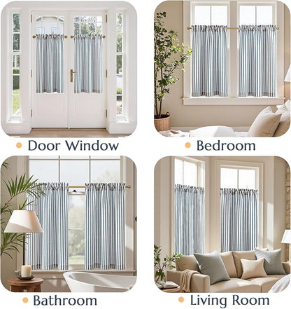 jinchan Striped Linen Kitchen Curtains 36 Inches Length Tier Curtains Farmhouse Modern Cafe Style Small Window Treatments Airy Light Filtering Rod Pocket for Living Room Bathroom 2 Panels Blue