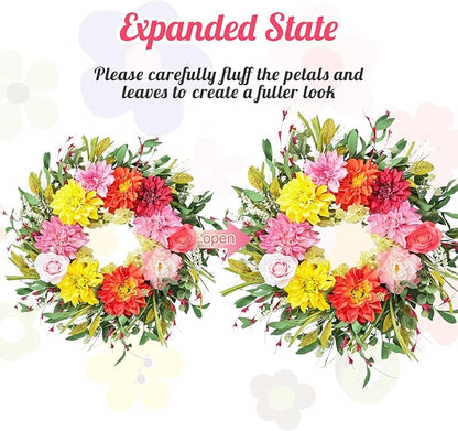 24" Dahlia Spring Summer Wreath with Rose, Peony and Green Leaves, Colorful Artificial Flower Wreath for Front Door Home Wall Wedding Farmhouse Holiday Outdoor Indoor Décor