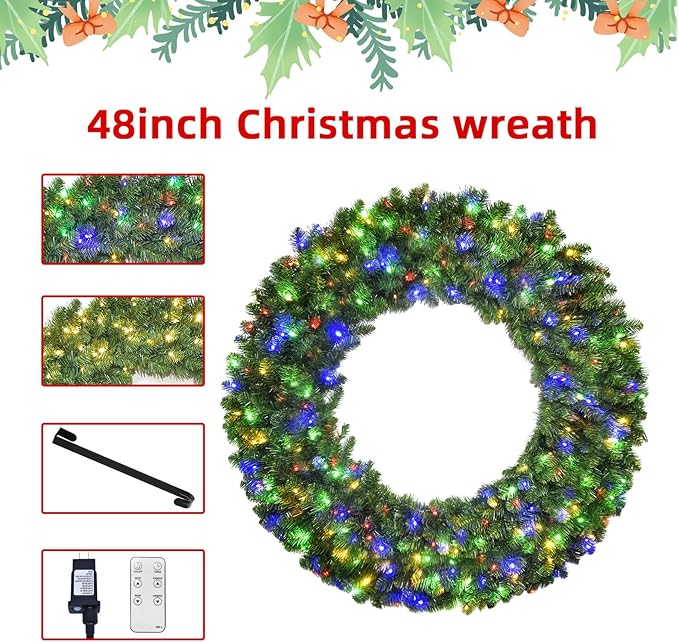 48in Large Christmas Outdoor Wreath - HOYECHI Lighted Wreaths Holiday Decor, Outdoor Wreath with 210 Colorful LEDs,714 PVC Tips, Metal Hook, 9 Functions, Timer, Power Plug-in, Remote Controls