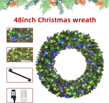 48in Large Christmas Outdoor Wreath - HOYECHI Lighted Wreaths Holiday Decor, Outdoor Wreath with 210 Colorful LEDs,714 PVC Tips, Metal Hook, 9 Functions, Timer, Power Plug-in, Remote Controls