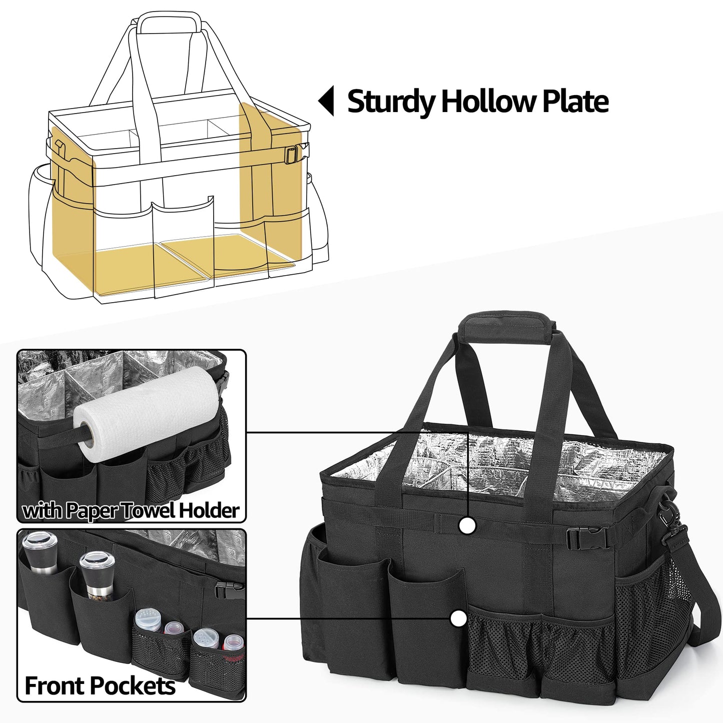 HODRANT Large Grill Utensil Caddy with Paper Towel Holder, Outdoor Picnic Bag Organizer for BBQ Supplies Tool, Tailgating Accessory Basket Camping Gear Must Haves for Cook Essentials, Black, Bag Only