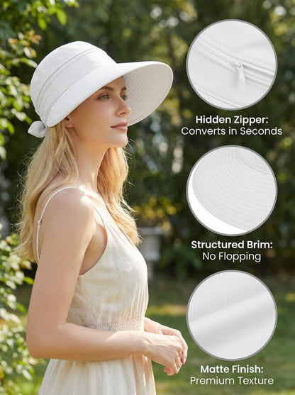 AlturaGo 2-in-1 Women’s Sun Visor Hat Wide Brim Sun Hat Zipper Off Ponytail Friendly, Lightweight Quick Dry, Summer UV Protection, White