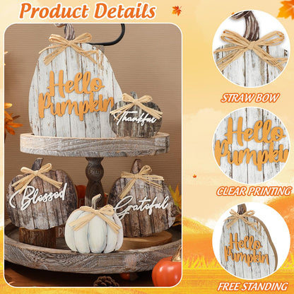 JarThenaAMCS 5 Pcs Hello Pumpkin Fall Decor Blessed Grateful Thankful Thanksgiving Decor Farmhouse Wood Pumpkin Table Centerpieces Autumn Desktop Decorations for Harvest Home Kitchen Decorations