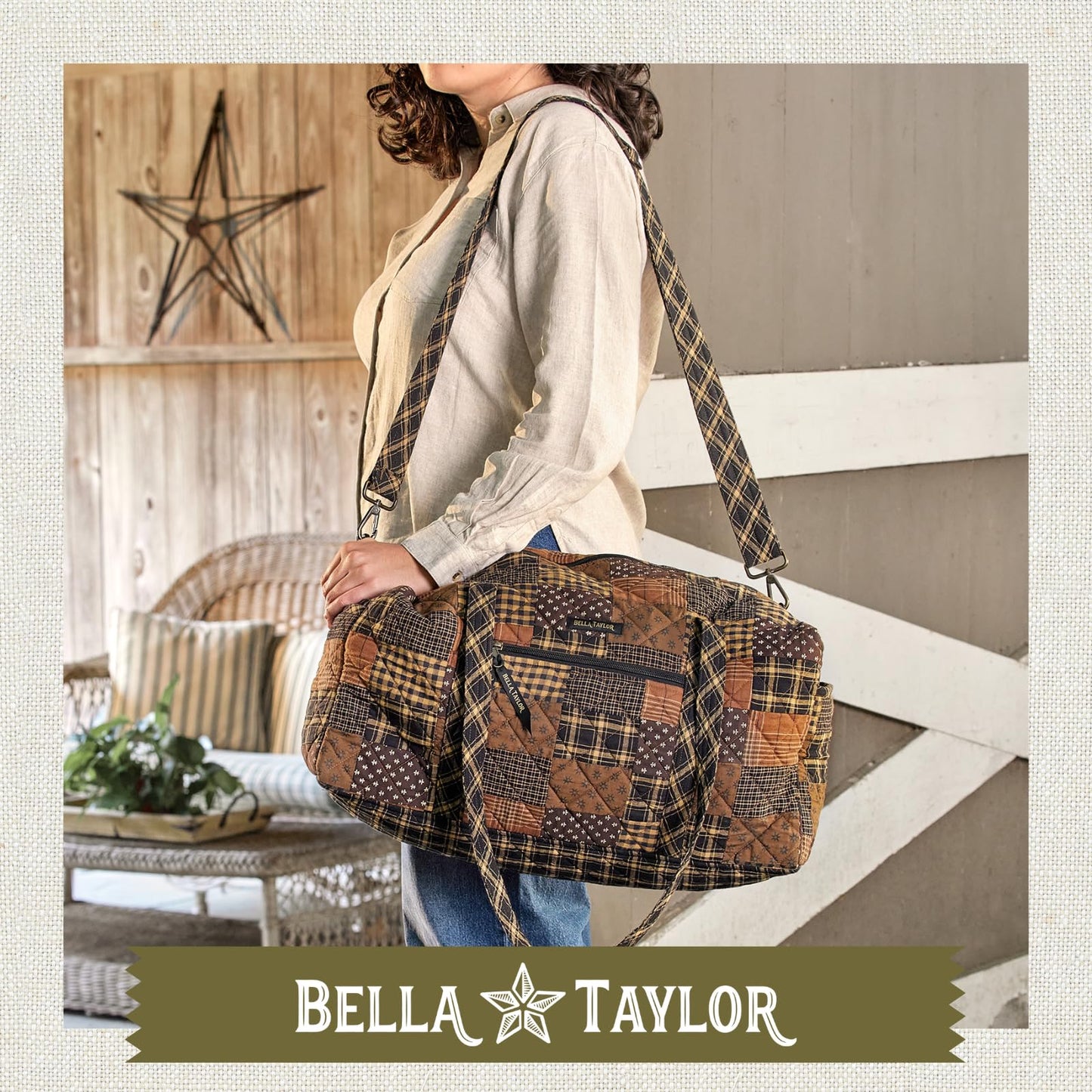 Bella Taylor Quilted Duffle Bag for Women, Large Carry On Travel Weekend Bag, Quilted Cotton Ironstone Black and Brown Patchwork