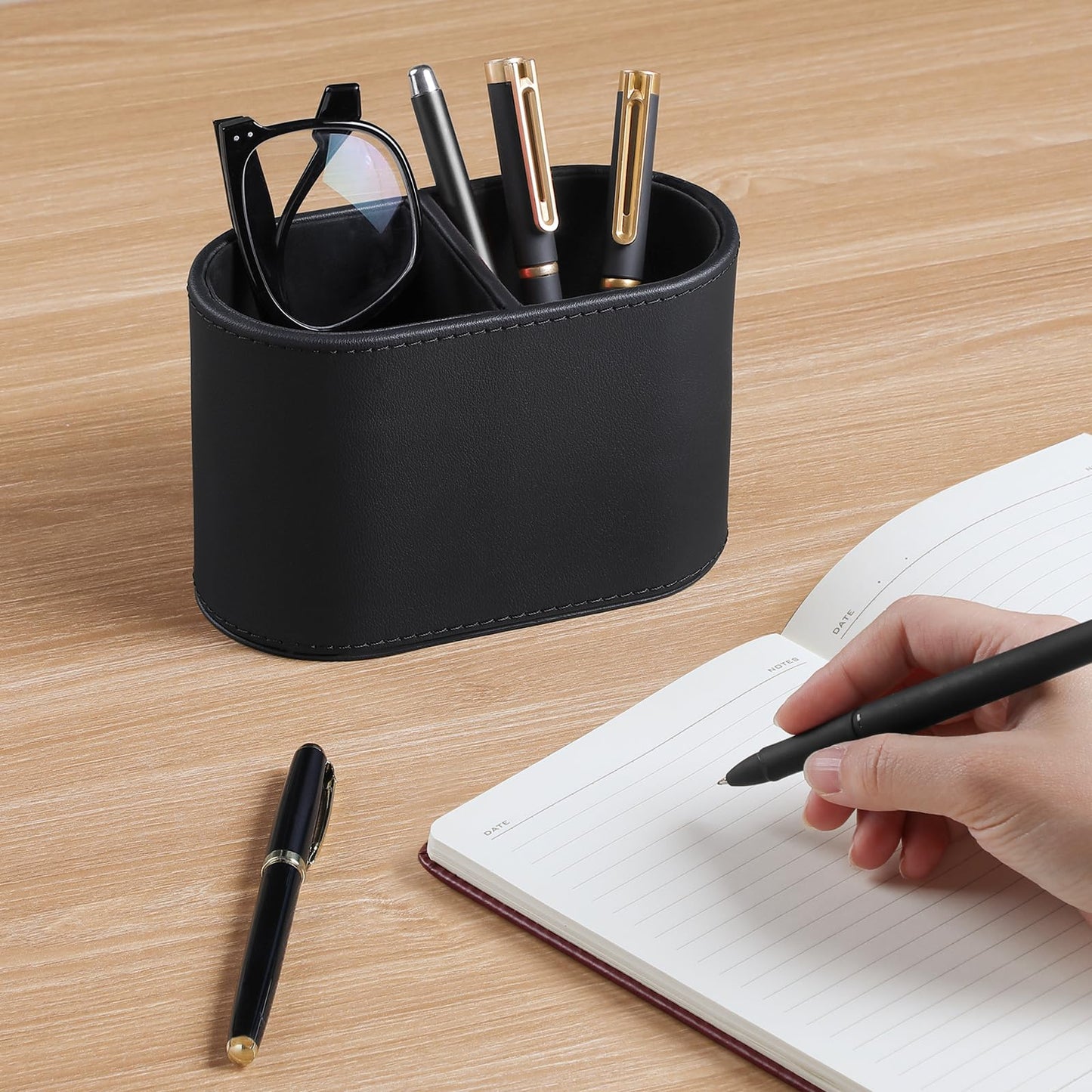 MEIBOOCH PU Leather Pen Holder for Desk, Small Remote Control Holder Pencil Cup Multifunctional Desktop Organizer Caddy for Home School Office Desk Accessories - 2 Compartments (Black)