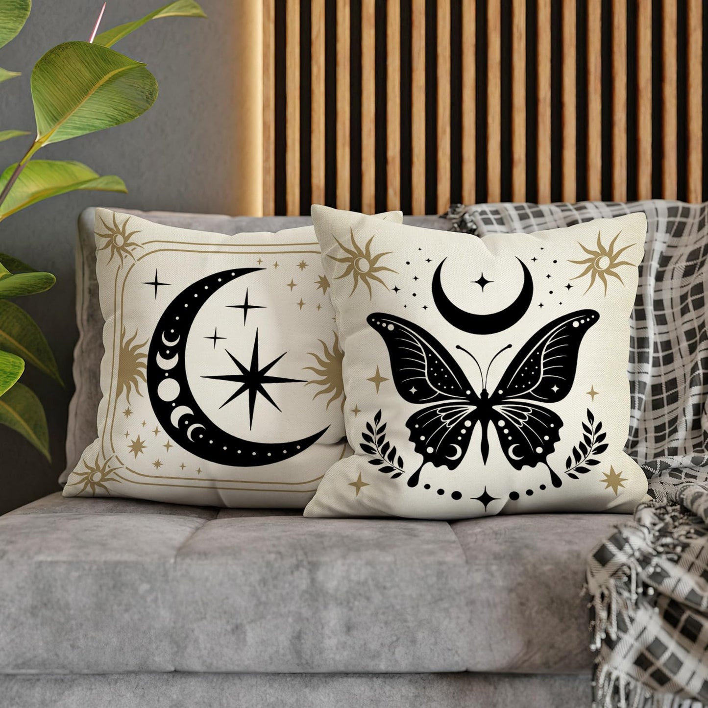 Fahrendom Celestial Sun Moon Phase Decorative Throw Pillow Covers 18 x 18 Set of 4, Boho Star Butterfly Mystical Astrology Porch Patio Outdoor Pillowcase, Witchy Sofa Couch Cushion Case Home Decor