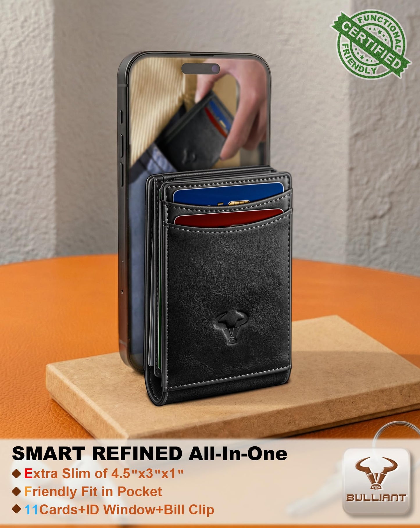 BULLIANT Men Wallet,Maganetic Slim Wallet Money Clip Card Holder 11Cards RFID Blocking Pocket Fit