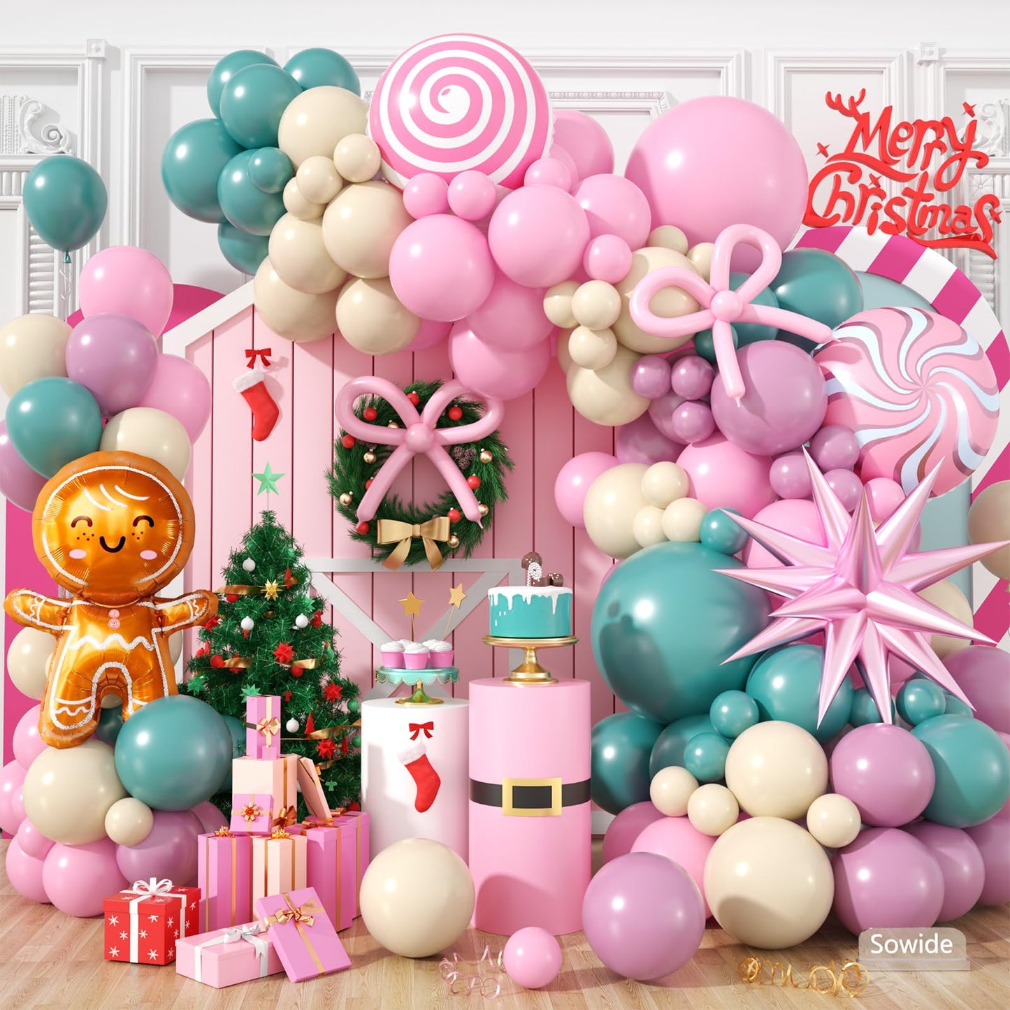 Christmas Balloon Arch Kit, Sage Green Nude Pink Purple Balloons with Lollipop Candy Gingerbread Man Star Foil Balloons for Xmas Holiday Winter Birthday New Year Party Decorations
