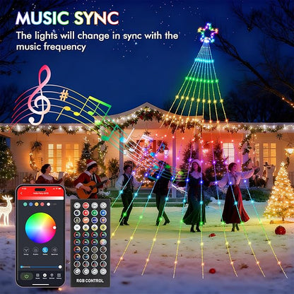 Outdoor Christmas Decorations, 11.8FT RGB Color Changing Christmas Hanging Waterfall String Lights with Star, APP Remote Control, DIY Multi-Color Lightshow, Music Sync, Xmas New Year Decor