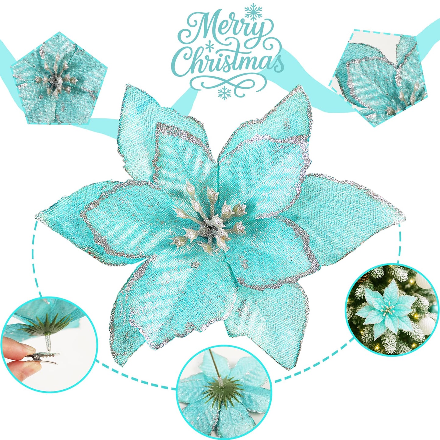 KEPATO Christmas Poinsettia Ornaments Ice Blue, 12 Pcs 6" Artificial Flowers, Glitter Teal Blue Christmas Tree Decorations for Winter Wonderland Theme