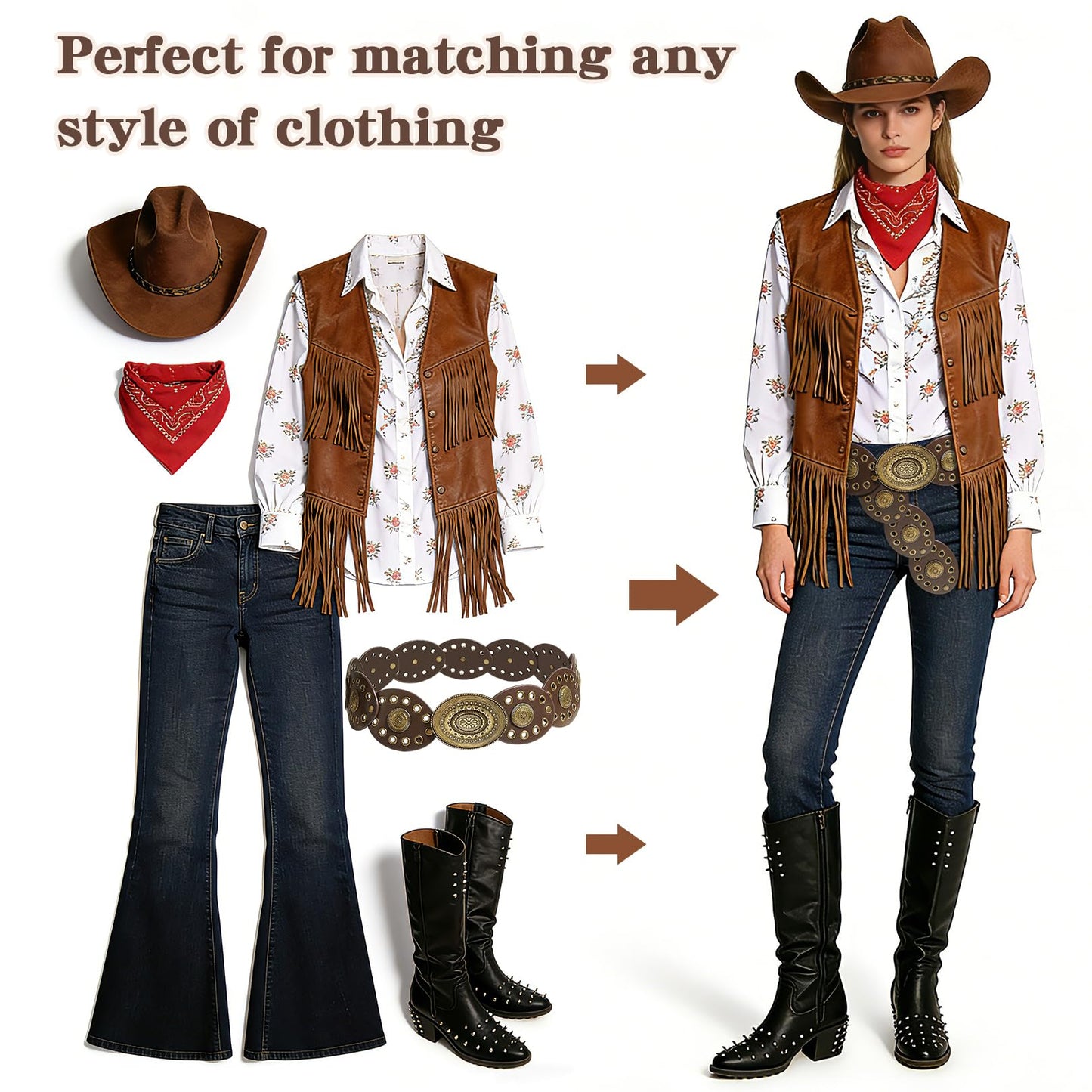 GDfrhao Leather Western Boho Belts for Woman, 39.37inch Concho Vintage Belt for womens Dress Jeans, Country Brown