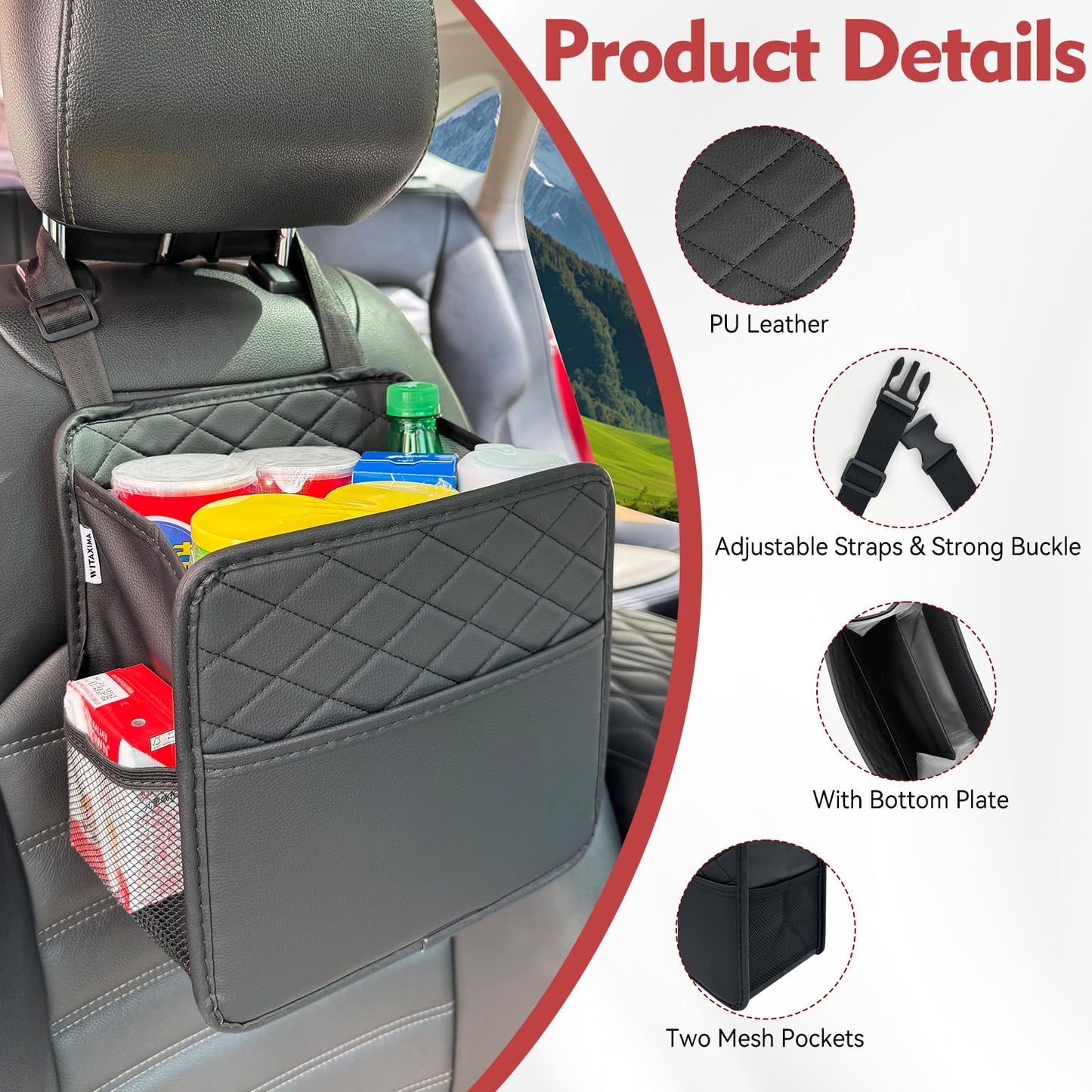 Witaxima Upgrade Car Seat Organizer Backseat with Storage Pockets, Multipurpose Car Organizer Hanging, Car Trash Bag Can,Premium PU Leather Garbage Can 2.14 Gallon Large Capacity, Black.