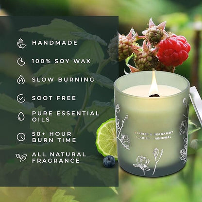 Berries Bergamot & Vanilla Scented Candle - Wood Wick Soy Candle Large 10.6 oz - Strong Throw, Long-Lasting, Clean Burn - Cozy Home Aromatherapy Candle