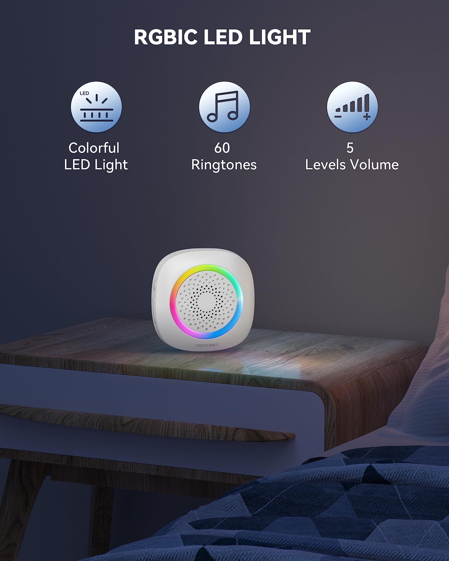 TECKNET Plug-in Wireless Doorbell with RGB Lighting & 1300 Feet Range,IP66 Waterproof Doorbell for Home/Classroom/Office/Business,60 Chimes,5-Level Volume,4.5-Year Battery Life(White)