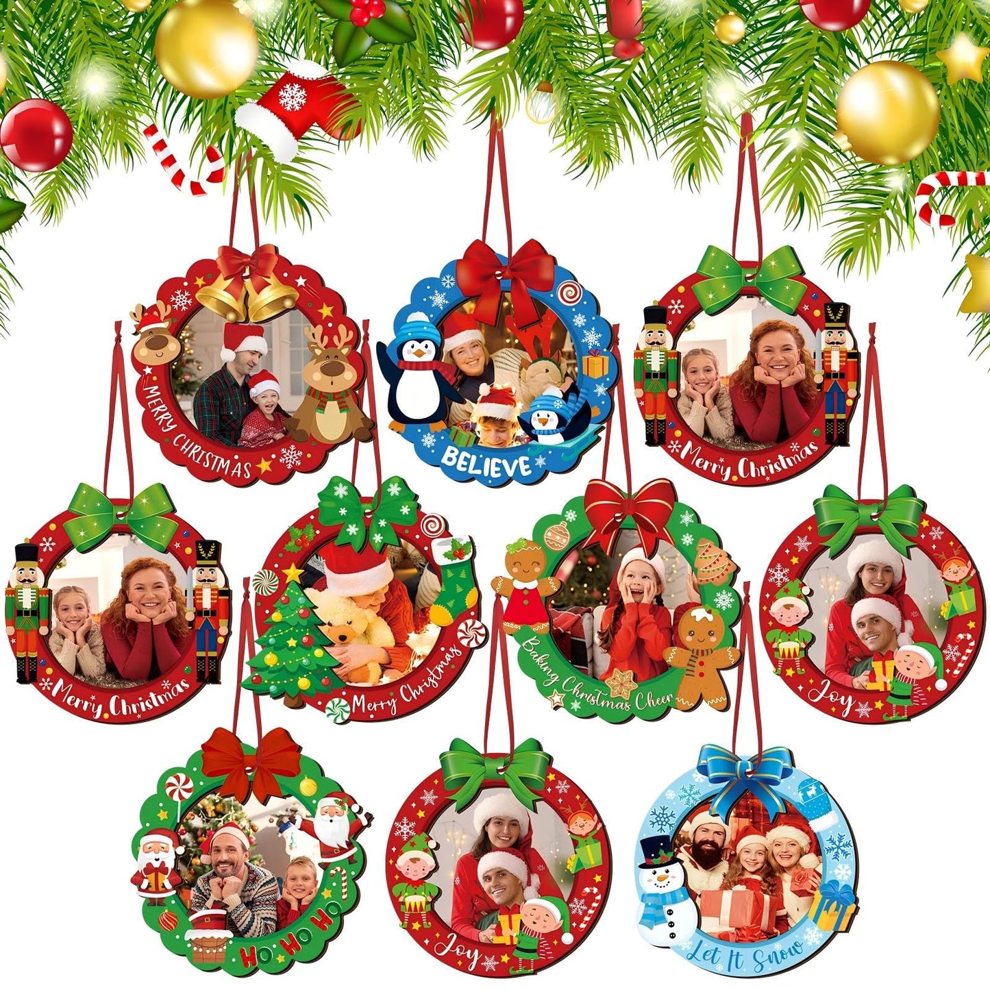 Yalikop 16 Pcs Christmas Photo Frame Ornaments Wooden Nutcrackers Santa Snowman Snowflake Picture Frame Tree Decoration DIY Photo Keepsakes for Xmas Party Decorations Winter (Cute)