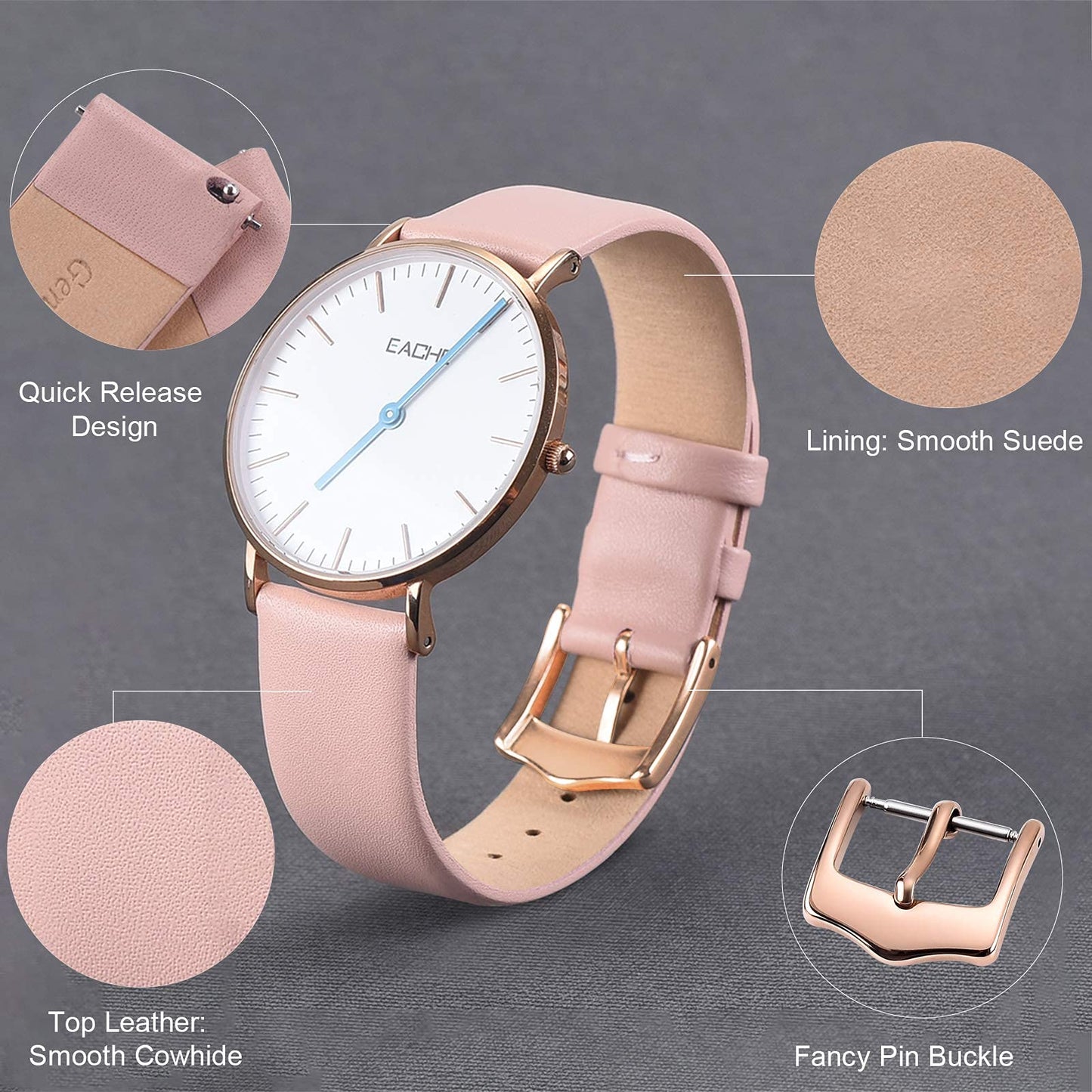 EACHE Quick Release Women Pink Leather Watch bands 20mm Thin Leather Watch Straps for Ladies With Rose Gold Buckle