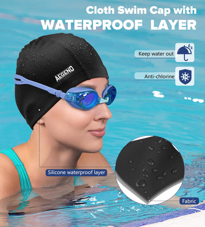 Aegend Fabric Swim Cap, Silicone Waterproof Layer - Breathable Cloth Swimming Cap, Keep Hair Dry with Hight Elasticity for Youth(8-16) Adult, 2 Sizes to Choose