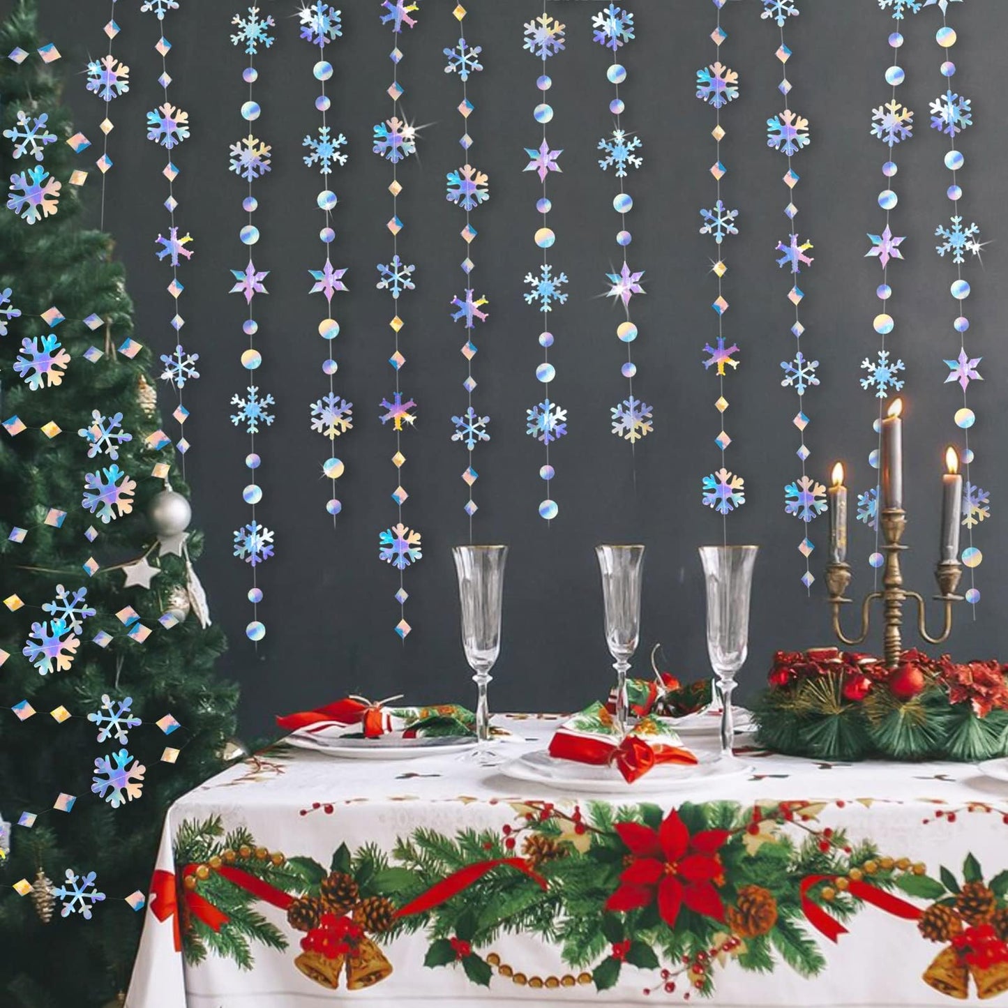 65Ft Winter Wonderland Snowflakes Decorations Iridescent Snowflake Garland- Shimmer Holographic Paper Snowflakes Streamers for Iridescent Party Decor Christmas Frozen Themed Birthday Baby Shower Decor