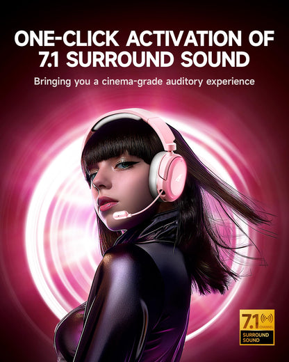 Wireless Gaming Headset, 7.1 Surround Sound, 2.4GHz USB Gaming Headphones with Bluetooth 5.4, 100H Battery, ENC Noise Canceling Mic, RGB Light, Wireless Headset for PC PS5 PS4 Mac Switch (Gray-Pink)