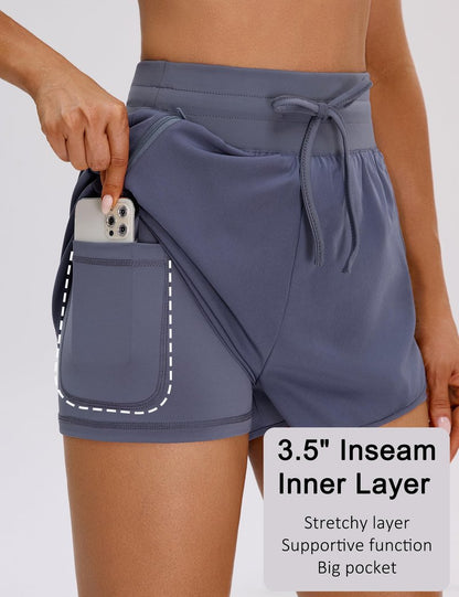 BMJL Womens 2 in 1 Running Shorts for Gym 2.5" Blue High Waisted Drawstring Athletic Workout Shorts 3 Pockets（M,Blue Grey）