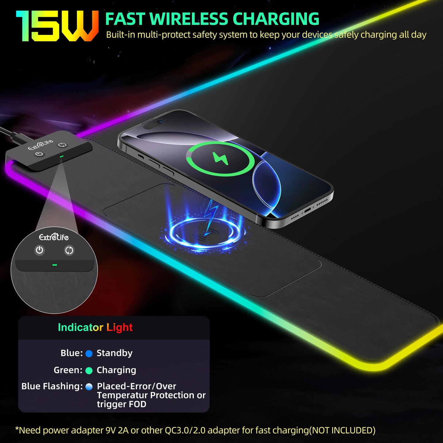 Mouse Pad with Wireless Charging, RGB Gaming Mousepad, Large Desk Mat with Ultra-Smooth Surface, Non-Slip Mouse Mat, Waterproof Computer Keyboard Pad for Gaming, Desk, Office, PC, 800x400x4MM, Black