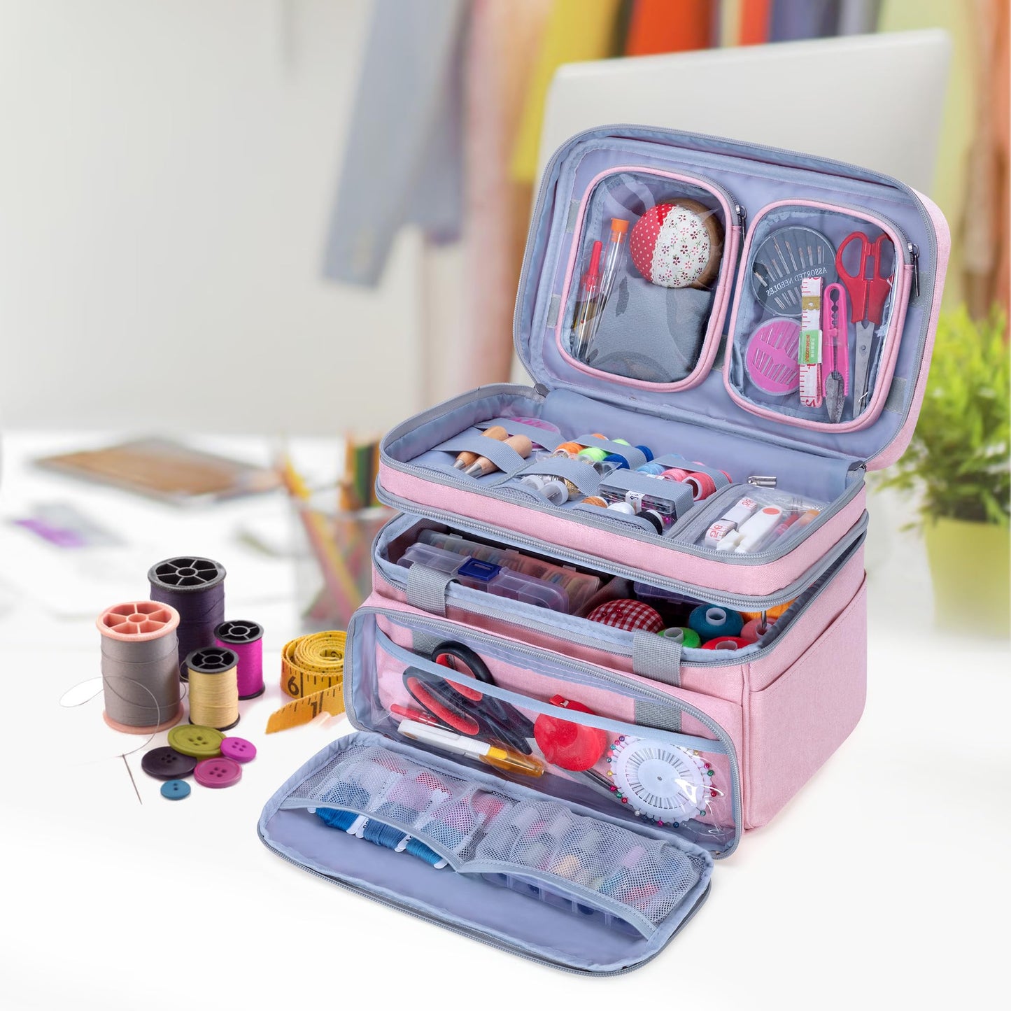 BAFASO Double Layer Sewing Accessories Organizer with 2 Detachable Pouches, Large Sewing Storage Bag for Sewing Tools (Bag ONLY), Pink