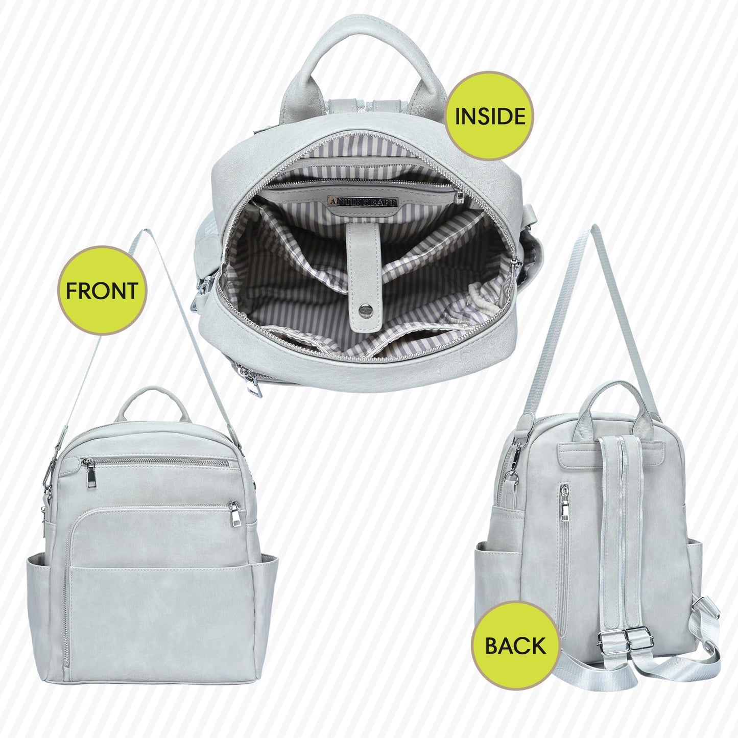 MMS Brands Antik Kraft Willa Vegan Leather Backpack (Grey) | Convertible Backpack Purse for Women | Vegan Leather Shoulder Bag | 13" L x 4" W x 14" H