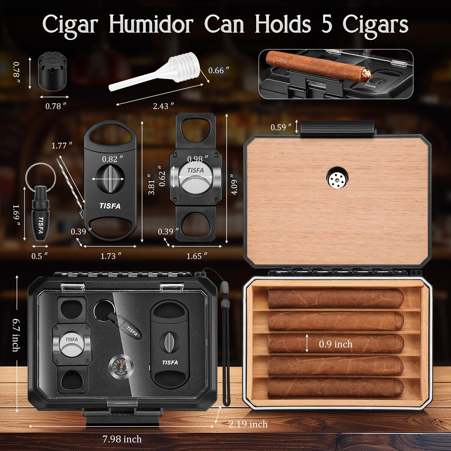 TISFA Cigar Humidor Set Travel Humidor Includes 2 Multifunctional Cutters, Hole Punch, Humidifier, Hygrometer, Portable Cedar Wood Lined Cigar Box Holder Case Gifts for Men (Black)