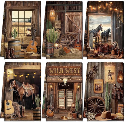 Breling 6 Pcs Western Cowboy Scene Kitchen Towel Wooden House Barn Vintage