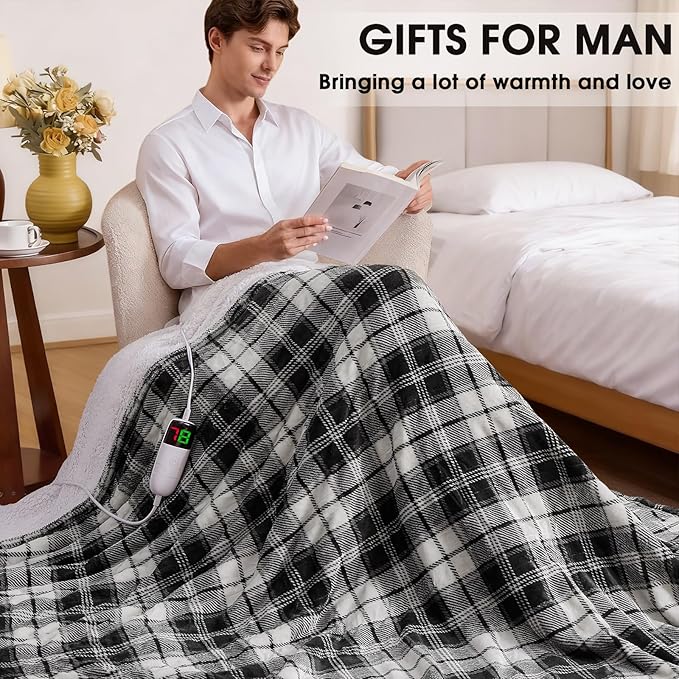 Black Heated Blanket Electric Throw, 50X60 Heating Throw with 10 Heats Levels & 8 Hours Auto Off, Plaid Soft Sherpa Blankets Warmer Gifts for Men Dad Boys Home Decor for Living Room Bedroom Office