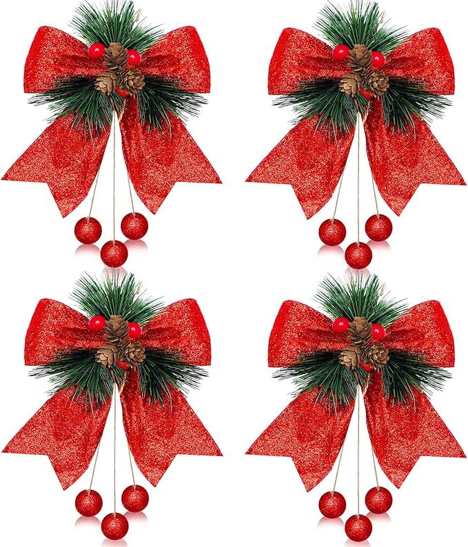 Xinnun 4 Pieces Christmas Buffalo Plaid Bows with Pine Cones Pine Needles Xmas Plaid Bow Ornament Christmas Tree Wreath Decoration for Holiday Parties DIY Crafts Home Decor (Red)