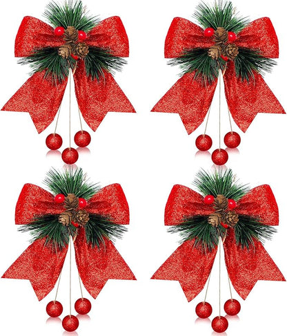 Xinnun 4 Pieces Christmas Buffalo Plaid Bows with Pine Cones Pine Needles Xmas Plaid Bow Ornament Christmas Tree Wreath Decoration for Holiday Parties DIY Crafts Home Decor (Red)