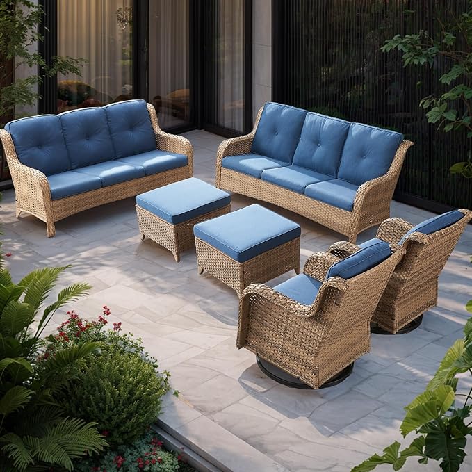 Rilyson Patio Furniture Swivel Chairs Set - 6 PC Wicker Rattan Outdoor Sectional Conversation Sets with 2 Rocking Chair,2 Ottoman and 2 Sofa for Porch Deck Garden(Yellow/Blue)