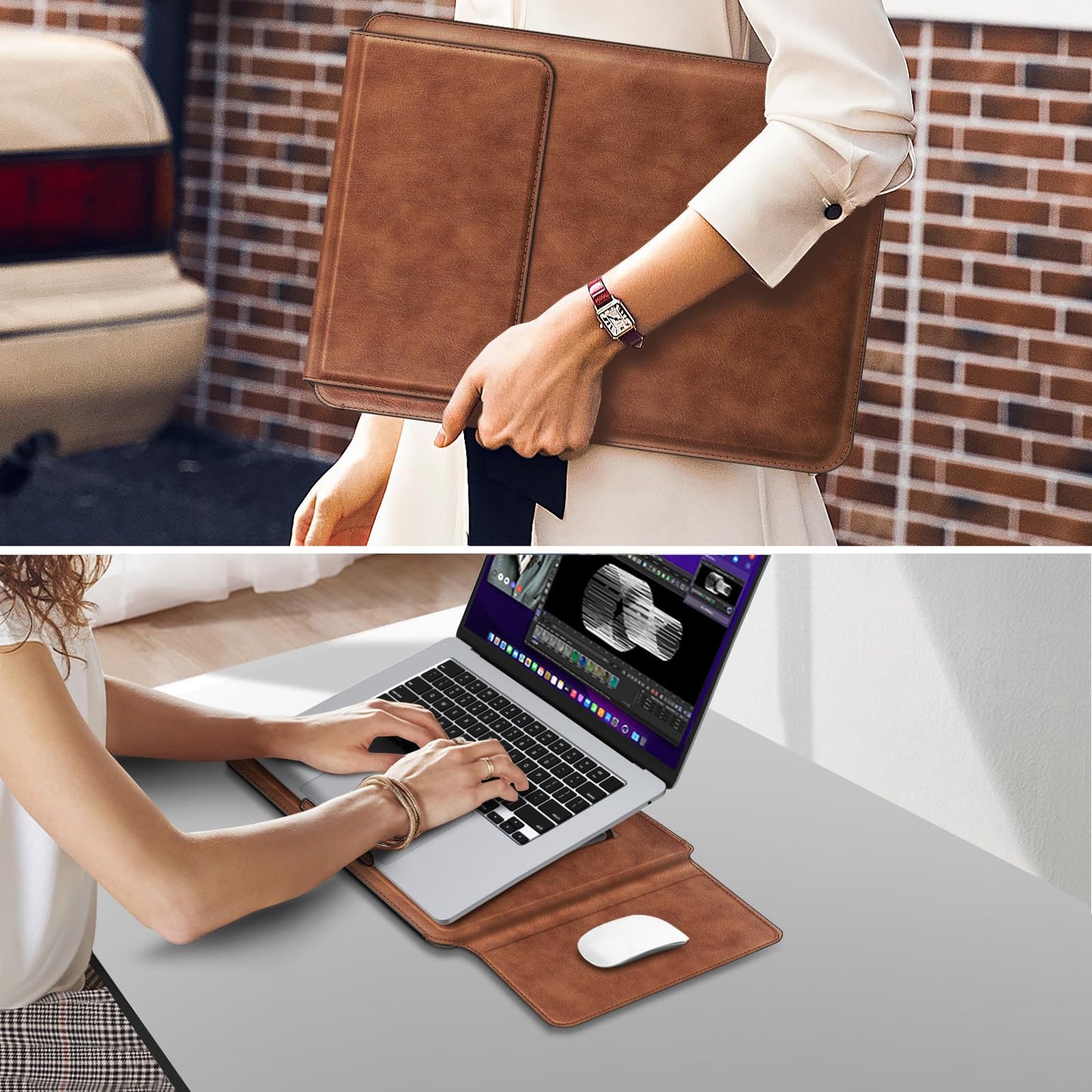 Fintie Sleeve Case for MacBook Air 15.3 M5 M4 M3 M2 A3448 A3241 A3114 A2941, MacBook Pro 16 A3428 A3429 A3403 A3186 A2991 A2485 A2780 A2141, Pro 15 A1707 A1990 - Slim Bag Cover with Stand (Brown)
