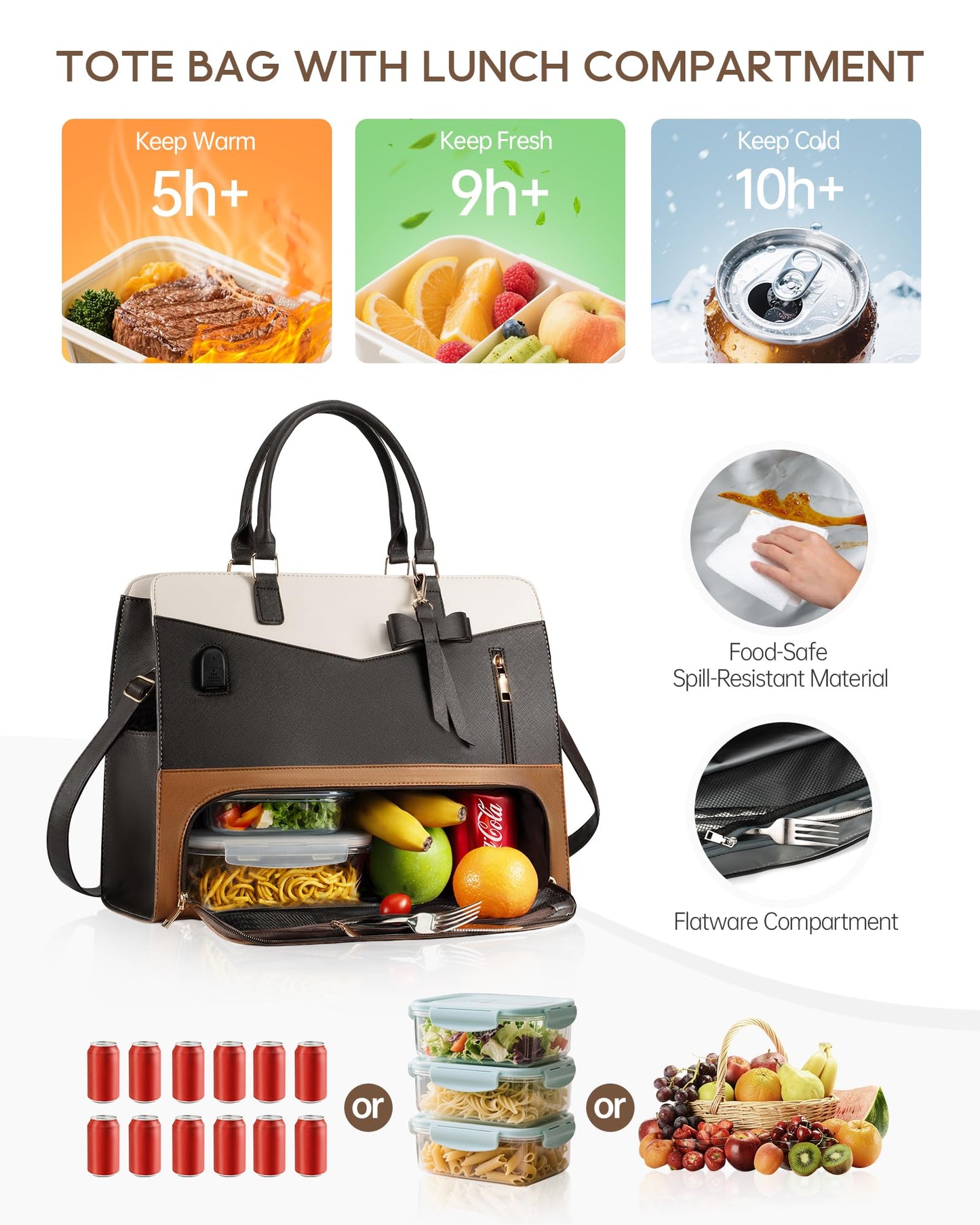 Tiostep Lunch Tote Bag for Women 2 in 1 Laptop Work Bag with Lunch Insulated Compartment and Purse Combo Leather Crossbody Bag (Black Brown)