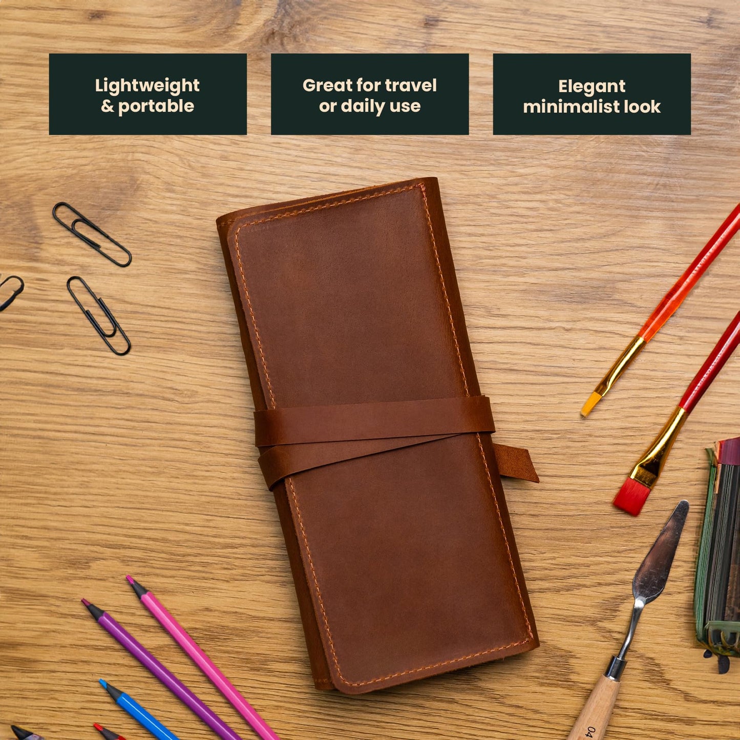 OMBUO Handmade Artist Pencil Case for Adults Women, Leather Pencil Roll, Artist Gifts, Pencil Wrap Roll Up Case, Leather Paint Brush Case, Warm Brown