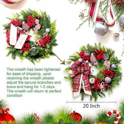 Christmas Wreaths for Front Door, 20 Inch Lighted Artificial Christmas Door Wreath with Candy Lollipops Ball Bow, Holiday Decorations for Home Decor