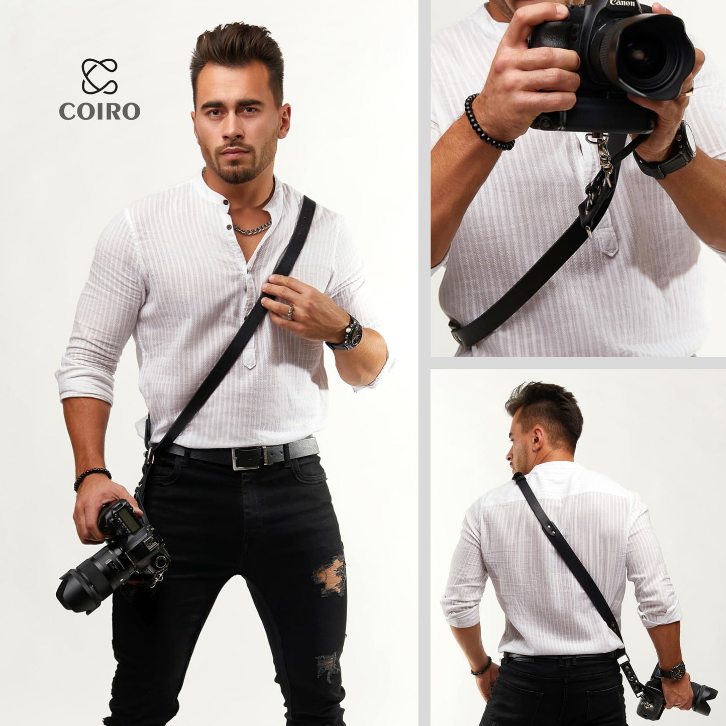 C Coiro Leather Camera Strap for One Camera - Professional Single Leather Harness Shoulder Strap Quick Release Gear DSLR/SLR, Camera Accessories for Photography, Black