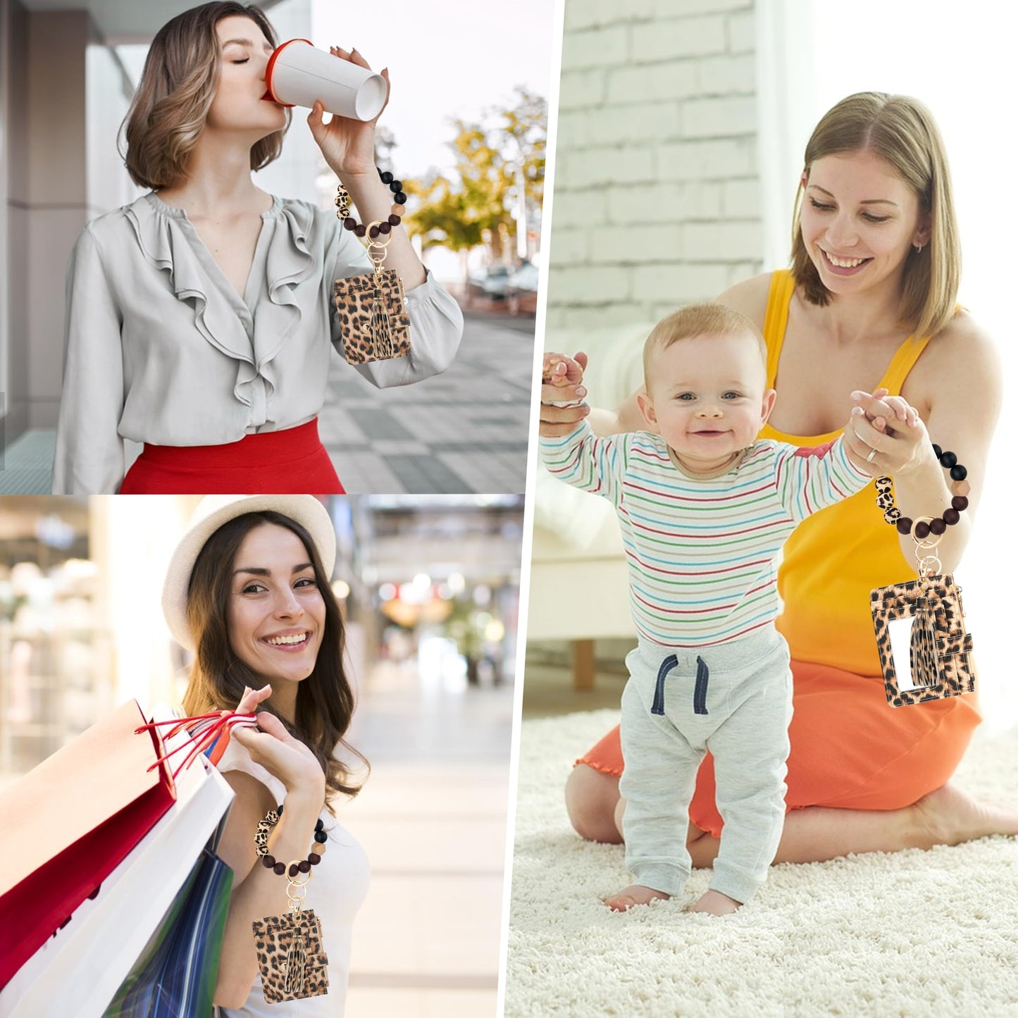 KNGITRYI Wallet Keychain Wristlet for Women,Slim RFID Credit Card Holder Purse Tassel Keychain Bangle Key Ring for Men Women(Leopard)