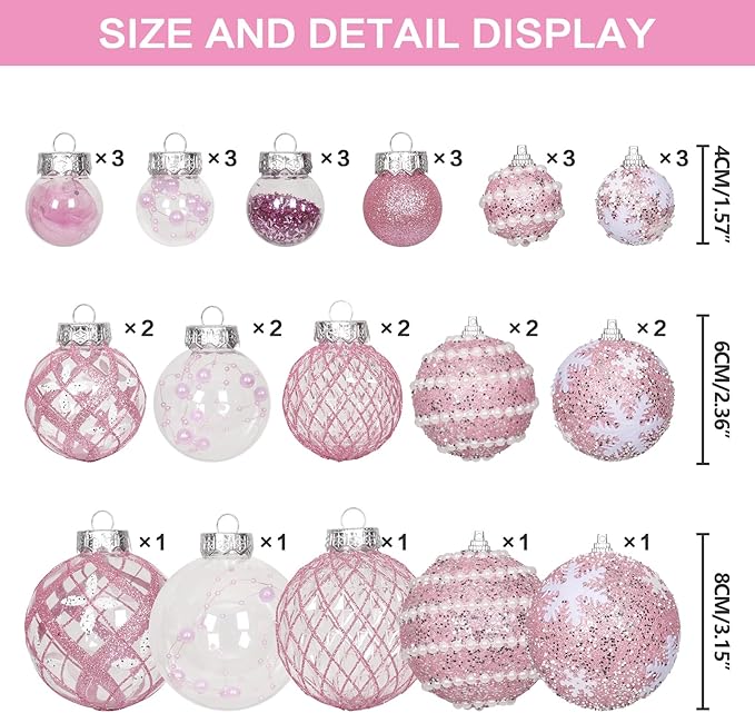 Super Holiday Christmas Ball Ornaments, 33PCS Pink Clear Shatterproof Plastic Foam Ornaments Set for Hanging Xmas Tree Holiday Thanksgiving Valentine's Day Party Decor.