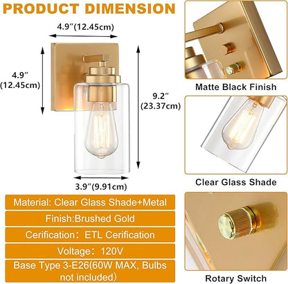 Pia Ricco Wall Sconces Set of 2, Bedside Wall Lamps with Rotary Switch for Bedroom, Modern Bathroom Light Fixtures with Clear Glass Shade, Gold Sconces Wall Lights for Living Room, Hallway, Kitchen