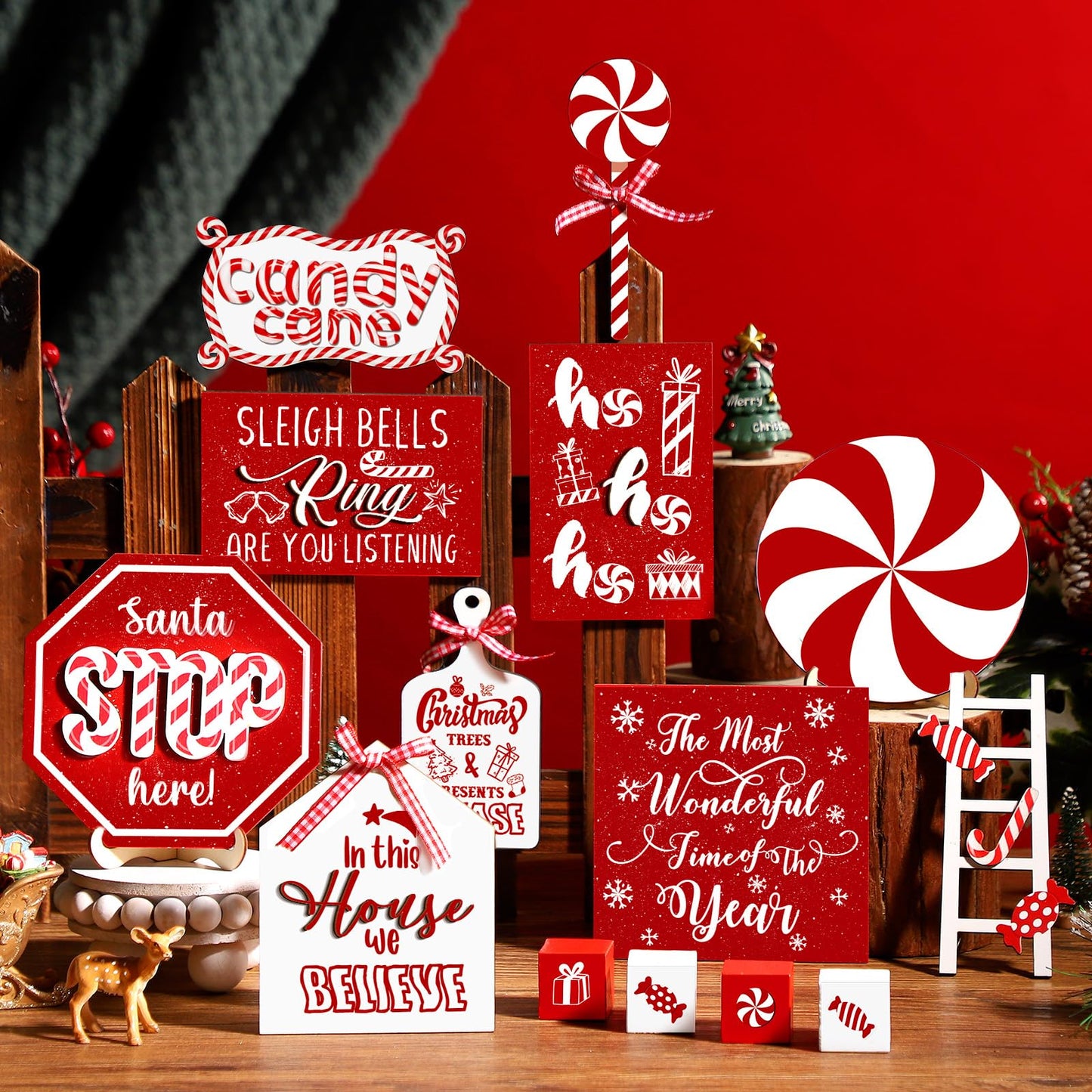 Mifoci 14 Pcs Christmas Tiered Tray Decor Rustic Christmas Decorations Snowman Santa Candy Wood Sign Xmas Table Tiered Tray Winter Farmhouse Rustic Table Decor for New Year Home Shelf Tabletop