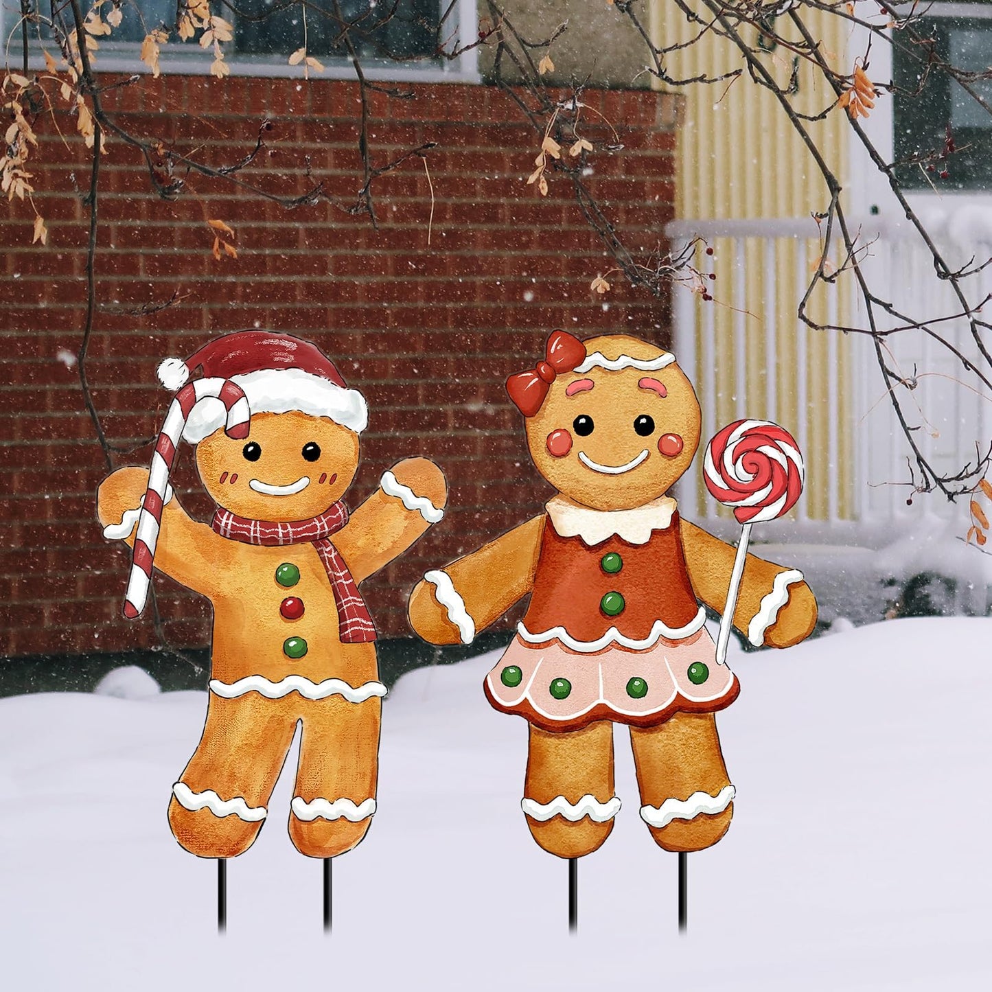 Christmas Decorations Outdoor, 2Pcs Gingerbread Man Metal Yard Signs with Stakes, Xmas Winter Signs for Garden House Lawn Pathway Patio Outside
