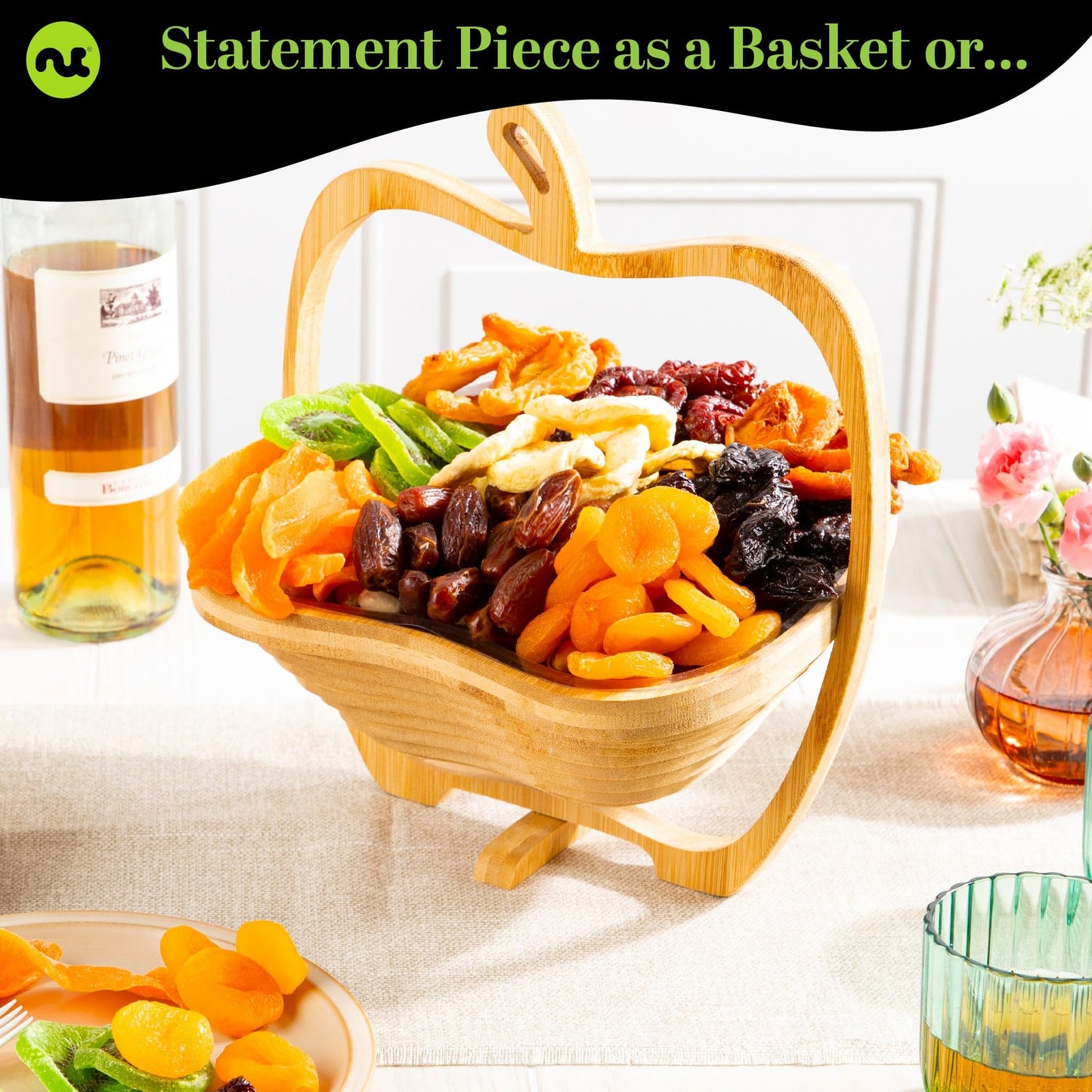 NUT CRAVINGS - Dried Fruit Flower Bouquet Arrangement in Wooden Apple-Shaped Gift Basket + Tray (9 Assortment) Healthy Snack Care Package