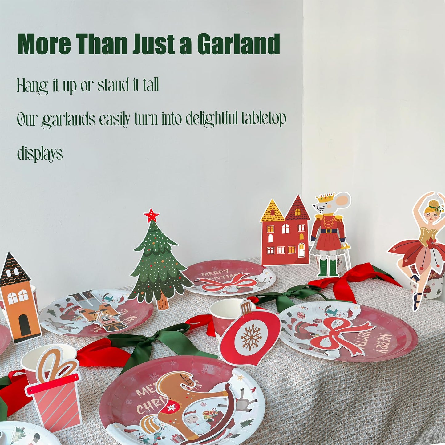 Eanjia Nutcracker Ballet Christmas Banner | Pack of 2|6ft Pre-Strung Satin Bow Garland Red & Green | 8ft DIY Paper Garland Mouse King,Tree, Bell,Castle Cutouts,for Xmas Hanging Sign Décor (Christmas)