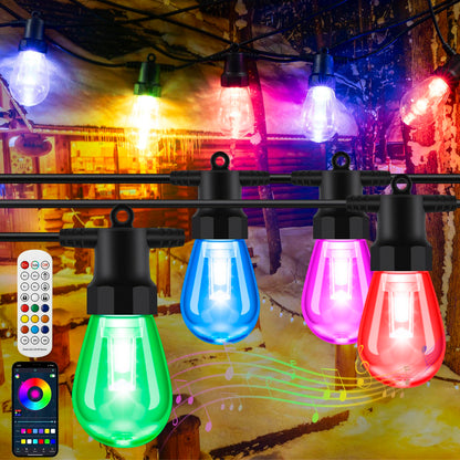 YAIYAN 50ft Outdoor String Lights Color Changing - Dimmable RGBW Smart Patio Lights with 20 Bulbs, Waterproof Shatterproof, Music Mode, Connectable, Remote & App Control for Halloween, Christmas