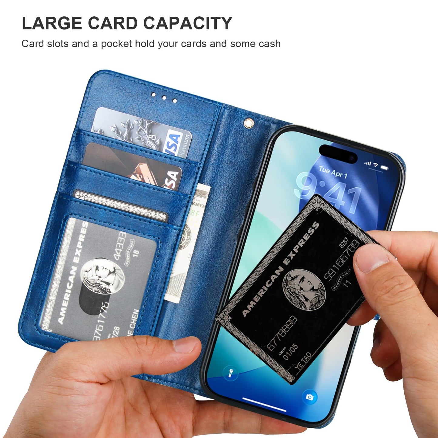 Bocasal for iPhone 17 Pro Wallet Case Compatible with MagSafe Wireless Charging, RFID Blocking Magnetic Leather Case with Card Slots Holder Kickstand Detachable Wrist Strap 6.3 Inch (Blue)