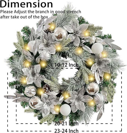 WANNA-CUL Pre-Lit 24 Inch Lighted Christmas Wreath for Front Door Decor with Silver White Christmas Ball Ornaments and Poinsettia Flowers,Battery Operated 30 LED Lights